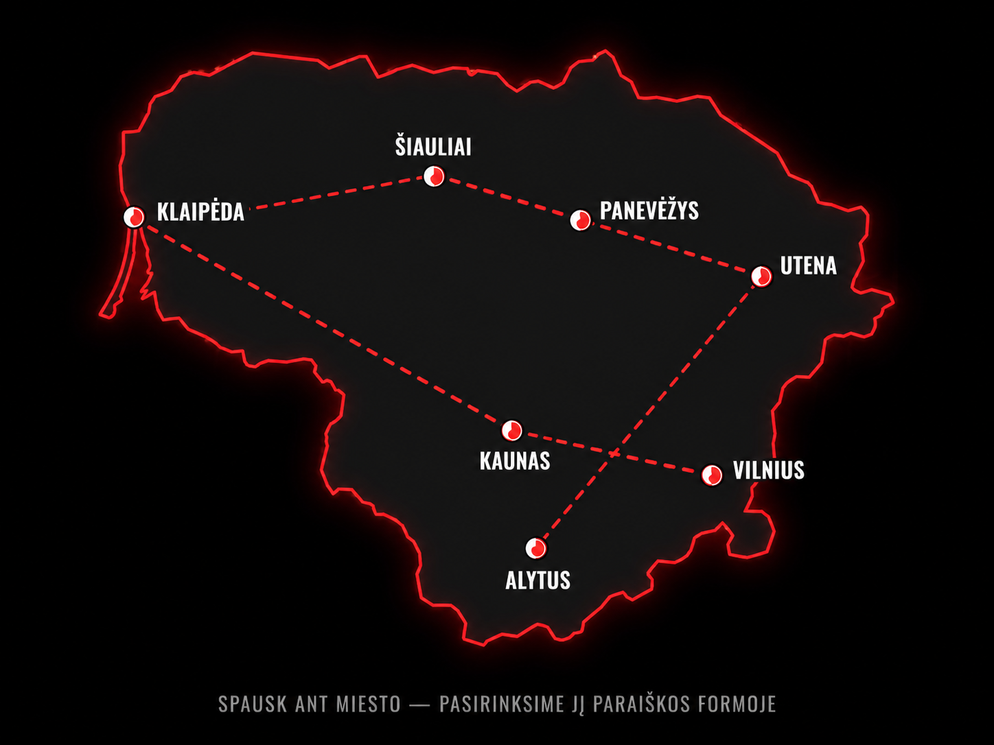 Lietuvos žemėlapis su turo maršrutu per Klaipėdą, Šiaulius, Panevėžį, Uteną, Kauną, Vilnių ir Alytų